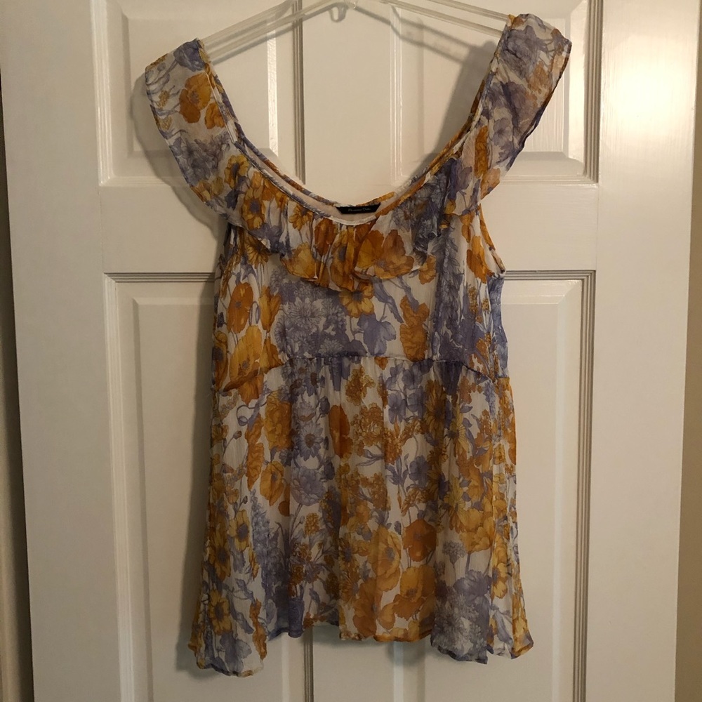 Massimo Dutti Blue and Orange Flutter Sleeve Blouse with Ruffled Neckline MEDIUM